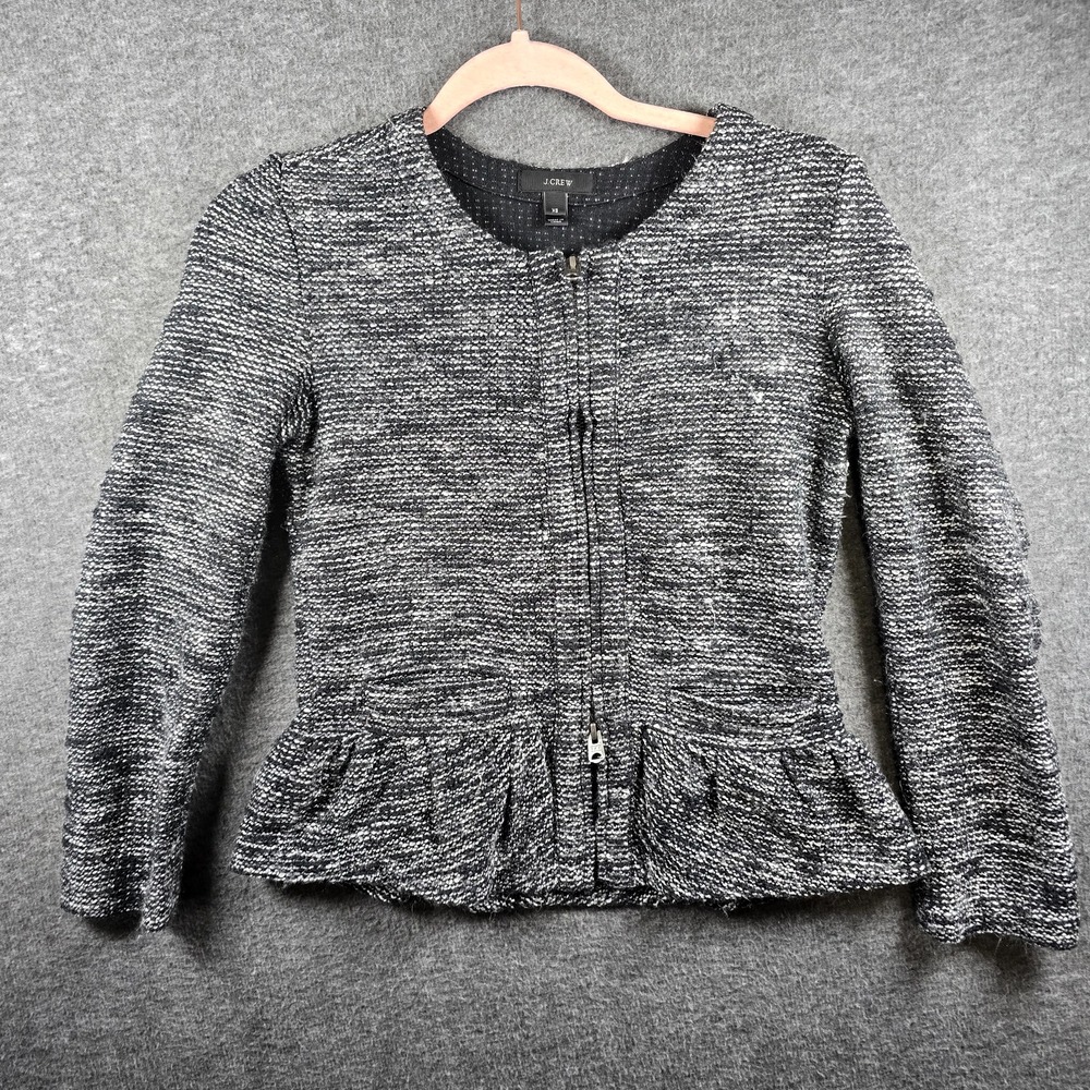 J. Crew Women XS Black And‎ Gray/Grey Peplum Boucle Tweed Double Zipper Jacket